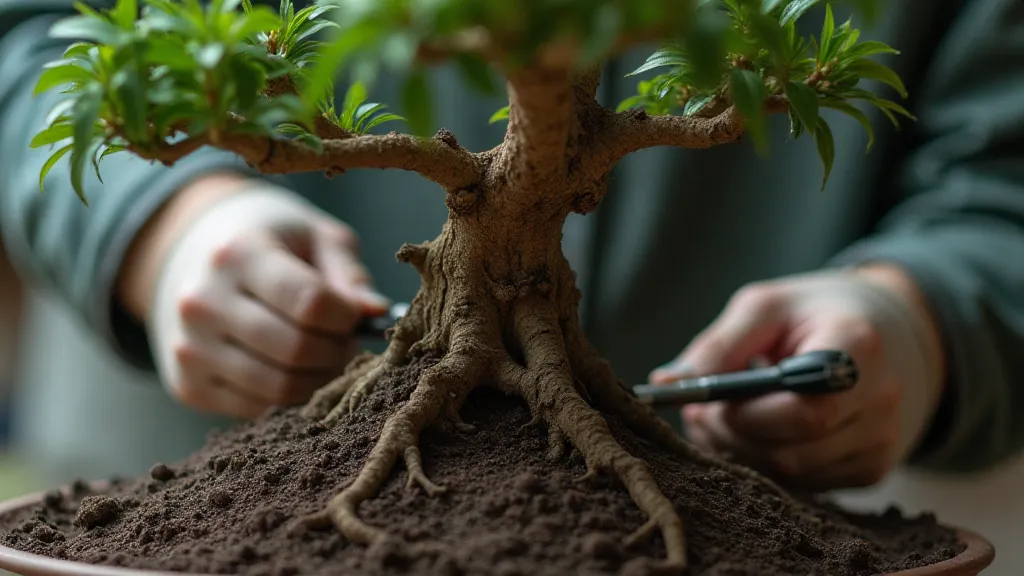 Bonsai artist inspecting roots during repotting